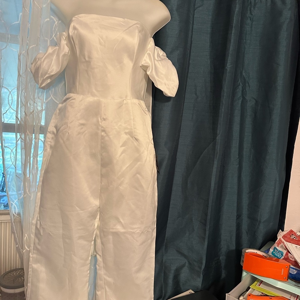 Lulu's Off-Shoulder White Satin Jumpsuit